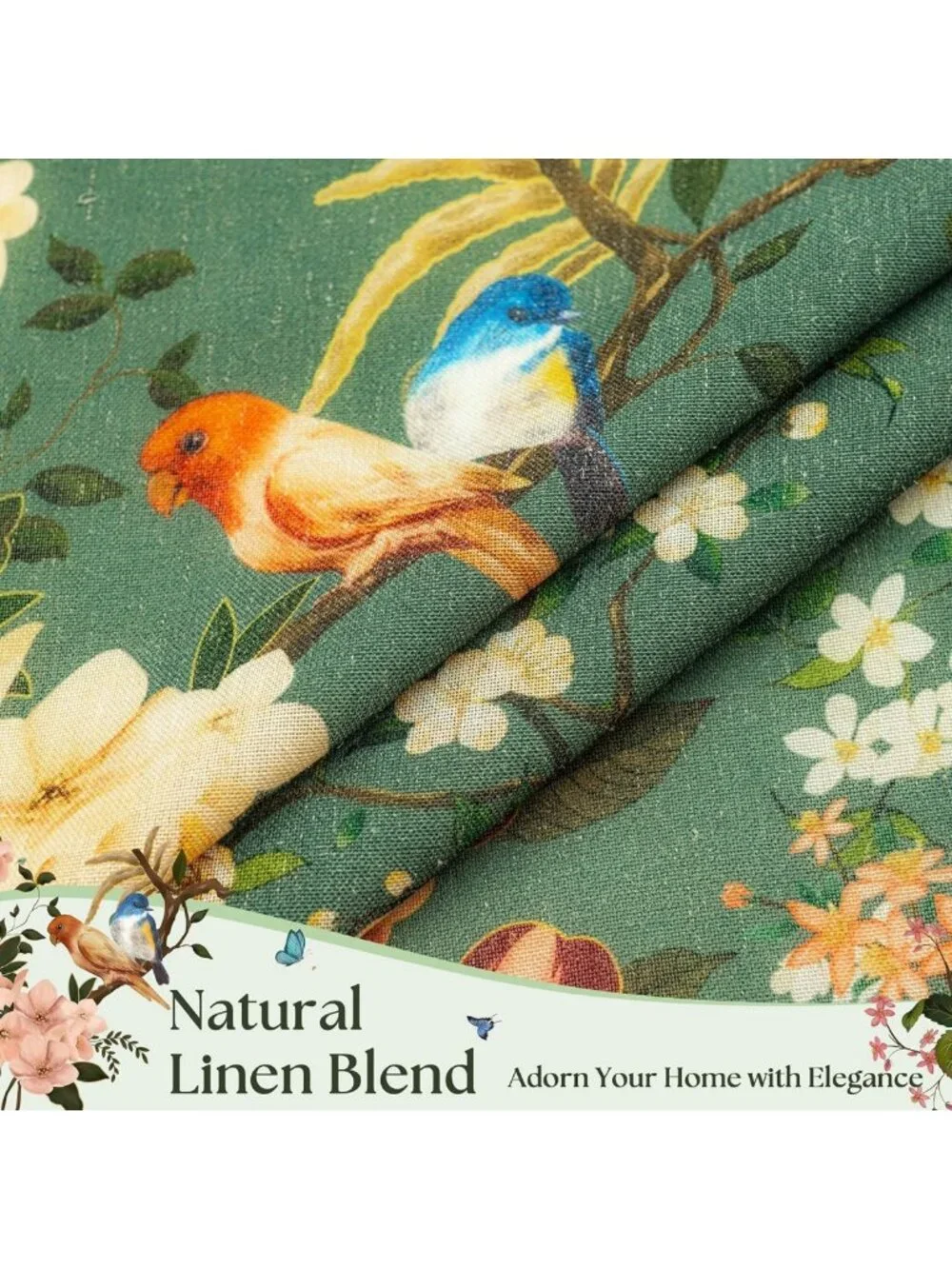 Dark Green Floral Linen Curtains 96